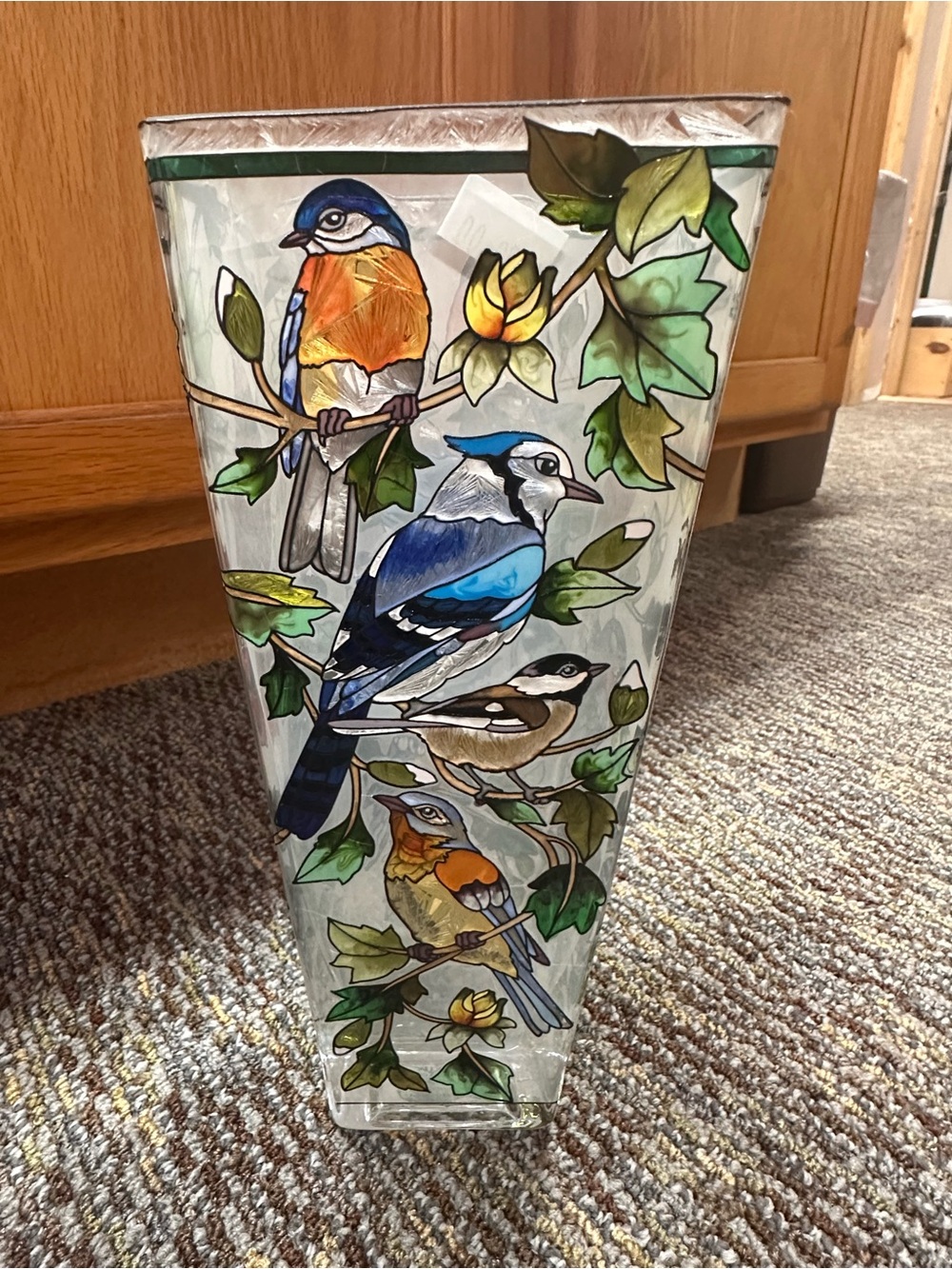 AMIA Hand Painted Stained Glass Colorful Vase Birds Amazing